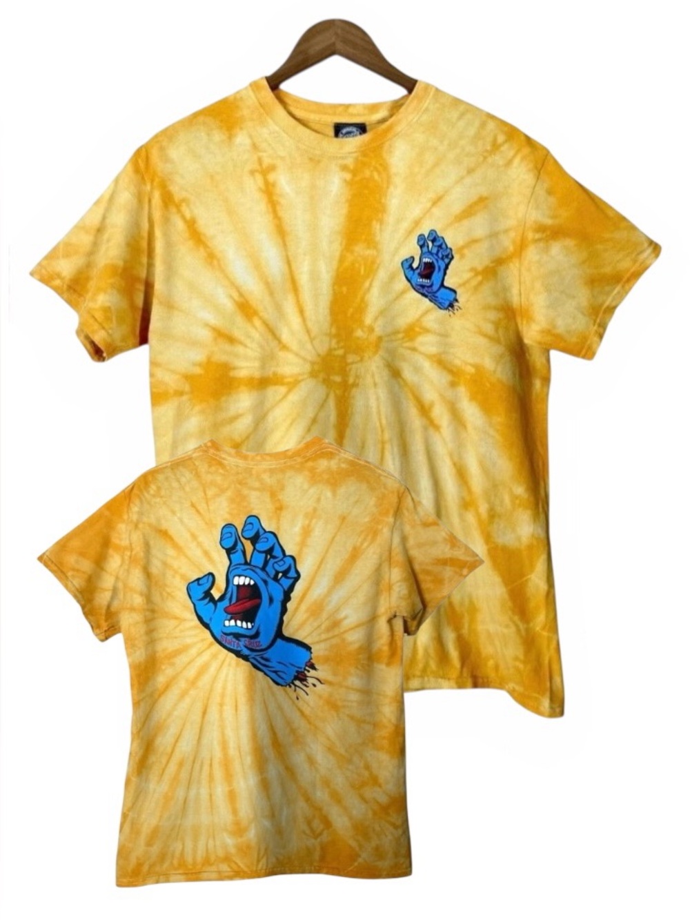 Santa Cruz Skateboarding Gold Yellow Tie Dye Tee Shirt Blue Hand Scream Graphic